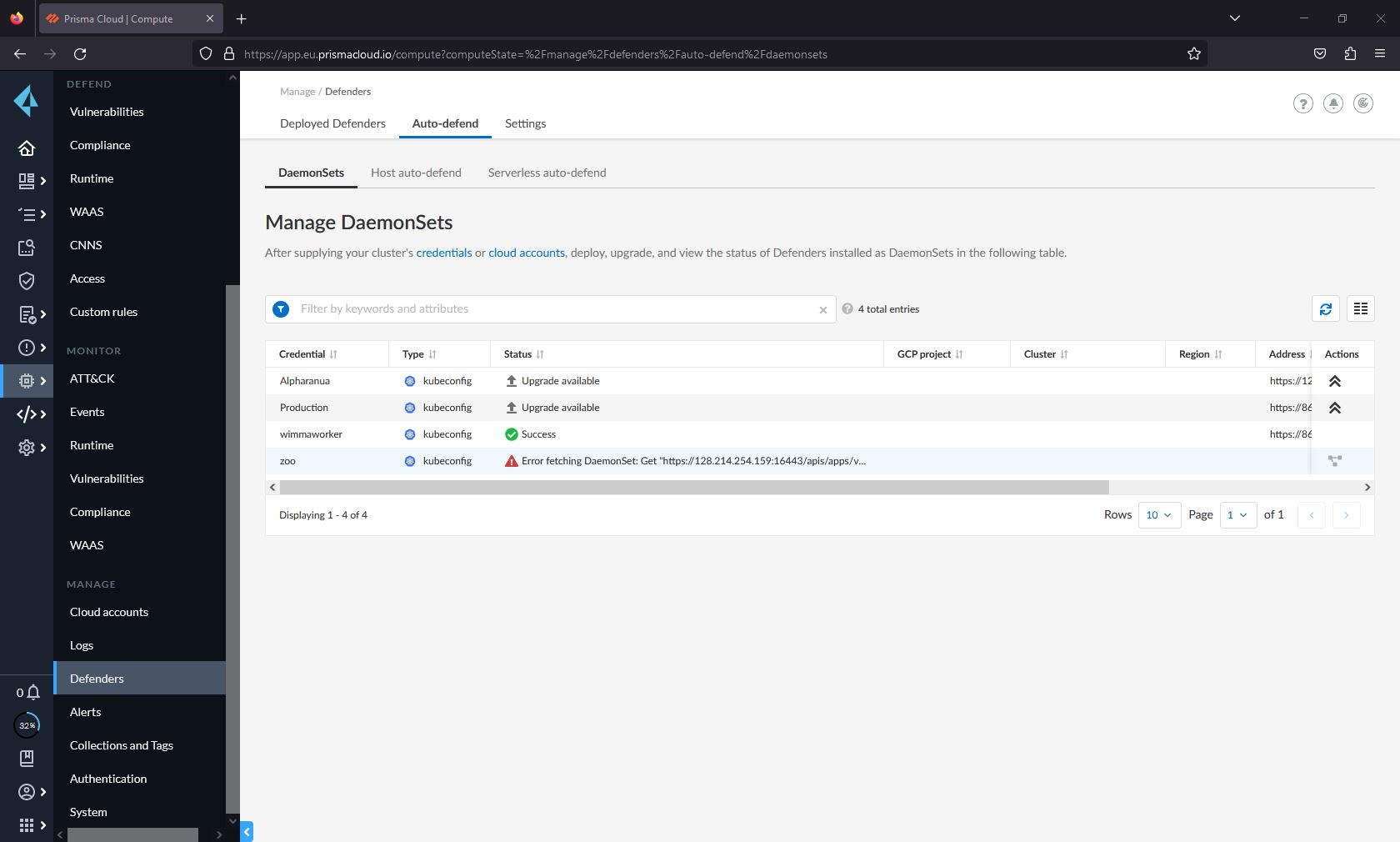 Daemonset status “Success” in our Prisma Cloud cluster (wimmaworker). Zoo cluster with incorrect IP configuration.