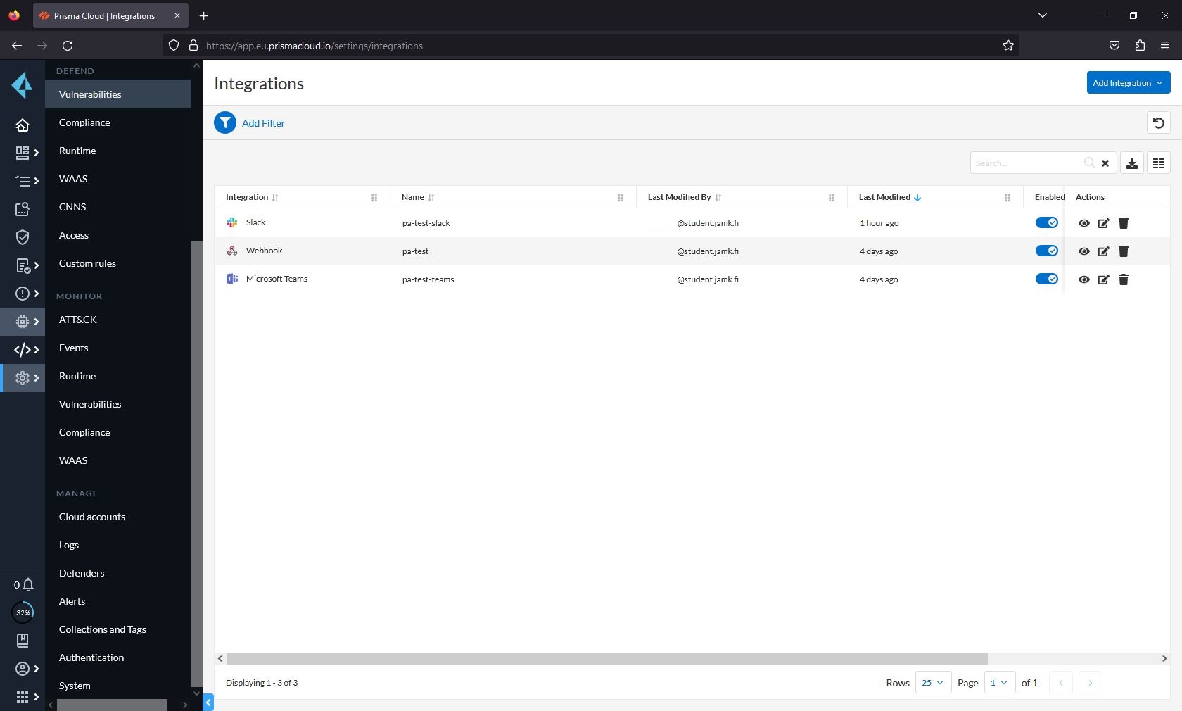 Integrations overview window.