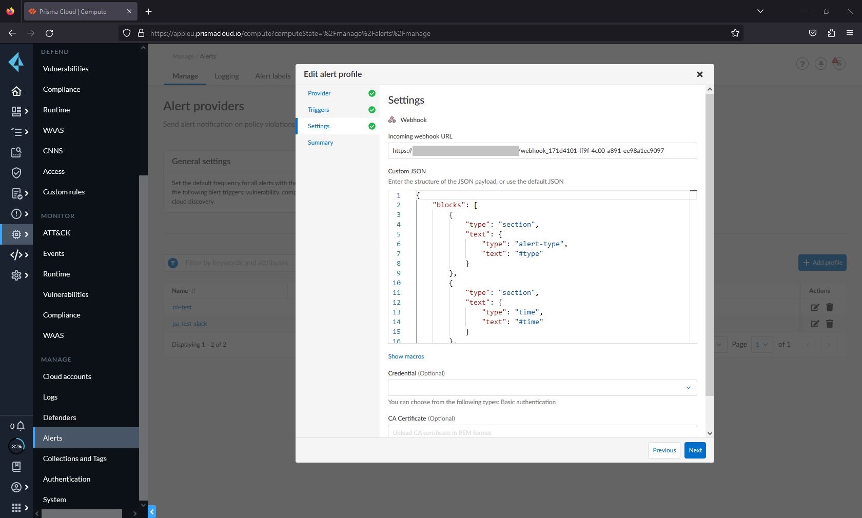 Slack webhook alert profile set up. Part of the custom JSON payload is displayed.